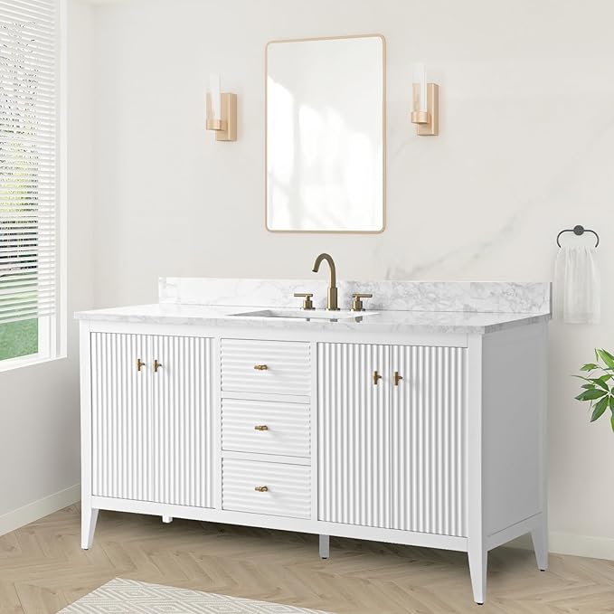 HOMEBEYOND 60" Bathroom Vanity with Single Sink, Solid Wood Bathroom Vanity Free-Standing Cabinet, Ceramic Top & Soft Closing Door, Golden Brushed Handware, White