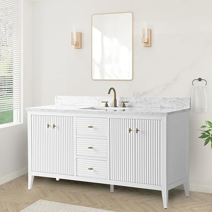 HOMEBEYOND 60" Bathroom Vanity with Single Sink, Solid Wood Bathroom Vanity Free-Standing Cabinet, Ceramic Top & Soft Closing Door, Golden Brushed Handware, White
