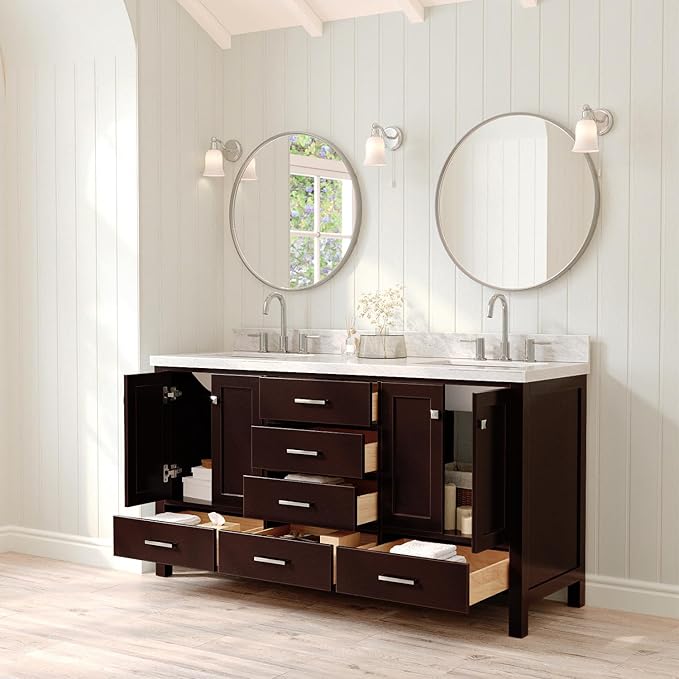 ARIEL Cambridge 66-inch Bathroom Vanity with Sink,Solid Wood, 1.5-inch Italian Carrara Marble Countertop, Double Rectangular Porcelain Sink, 4 Soft Closing Doors, 6 Dovetail Drawers, Espresso
