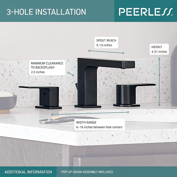 Peerless Xander Widespread Bathroom Faucet Black, Bathroom Faucet 3 Hole, Bathroom Sink Faucet, Drain Assembly, Matte Black P3519LF-BL