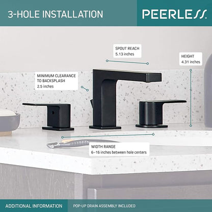 Peerless Xander Widespread Bathroom Faucet Black, Bathroom Faucet 3 Hole, Bathroom Sink Faucet, Drain Assembly, Matte Black P3519LF-BL