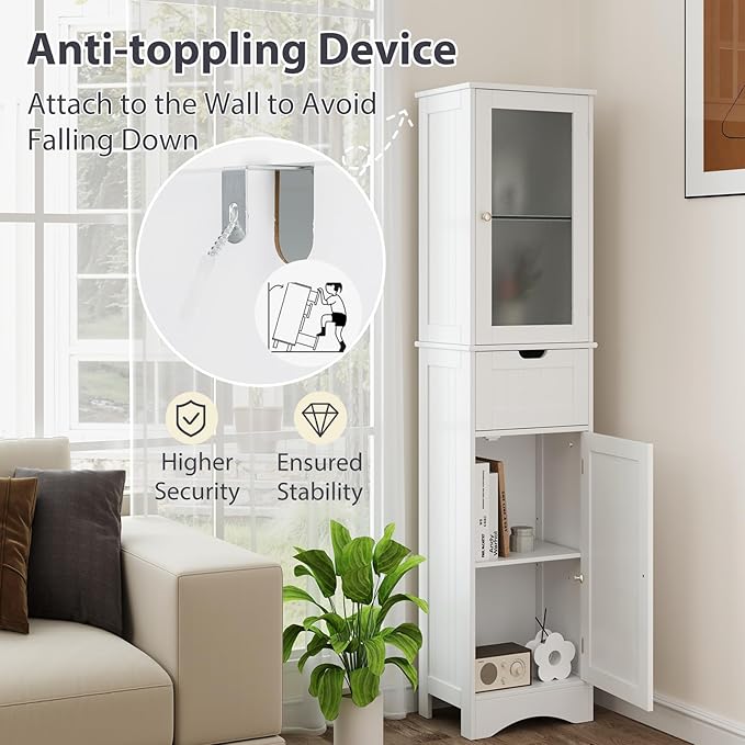 COSTWAY 67” Tall Bathroom Storage Cabinet, Freestanding Floor Cabinet with 2 Doors & 1 Drawer, 3-Level Adjustable Shelves, Narrow Slim Linen Tower for Bathroom, Living Room, Kitchen (White)