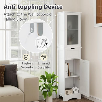 COSTWAY 67” Tall Bathroom Storage Cabinet, Freestanding Floor Cabinet with 2 Doors & 1 Drawer, 3-Level Adjustable Shelves, Narrow Slim Linen Tower for Bathroom, Living Room, Kitchen (White)