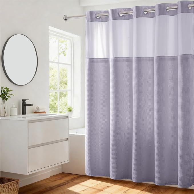 RiverDream Heavyweight Waffle No Hook Shower Curtain with Liner,Lilac,71x74 | Dotted Waffle,Snap-in Liner,Heavy Duty,Quick Dry,Mesh Top Window,With Bottom Magnets,Hotel-Grade,Washable,Standard Size