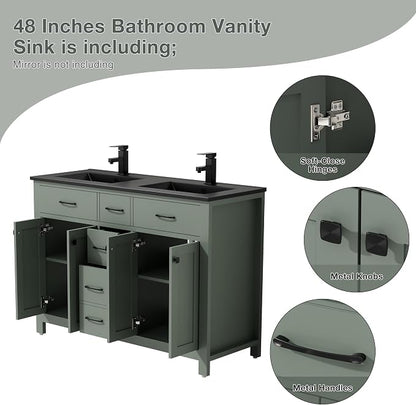 LUCKWIND 48" Modern Bathroom Vanity with Sink Combo, Contemporary Painted Storage Cabinet and Double Black Sink, Include Soft-Closing Doors & Matte Black Faucet, Green