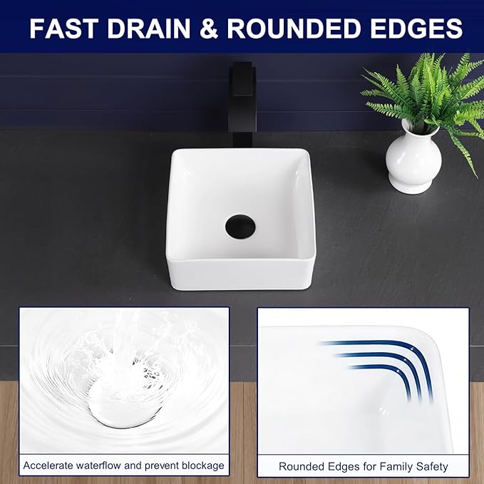 Vessel Sink 12"x12" Rectangular Bathroom Sink Modern White Porcelain Ceramic Above Counter Drop-in Vanity Sink for Bathrooms Art Basin