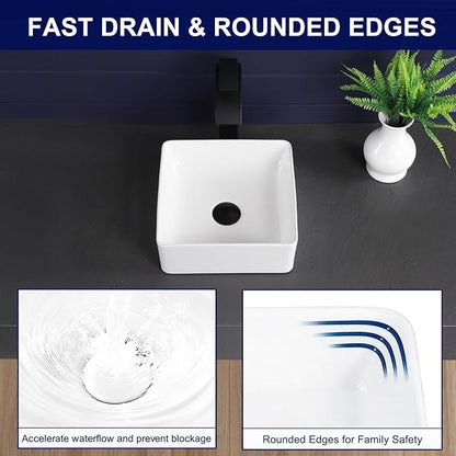 Vessel Sink 12"x12" Rectangular Bathroom Sink Modern White Porcelain Ceramic Above Counter Drop-in Vanity Sink for Bathrooms Art Basin