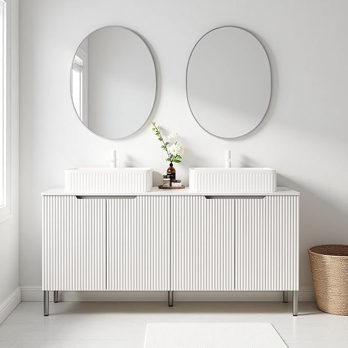 Ambrovina 60" Bathroom Vanity with Double Sink, Freestanding Bathroom Storage Cabinet with 4 Soft-Closing Doors, Rectangular Ceramic Basin and Carrara White Sintered Stone Countertop, White