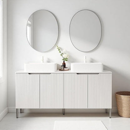 Ambrovina 60" Bathroom Vanity with Double Sink, Freestanding Bathroom Storage Cabinet with 4 Soft-Closing Doors, Rectangular Ceramic Basin and Carrara White Sintered Stone Countertop, White
