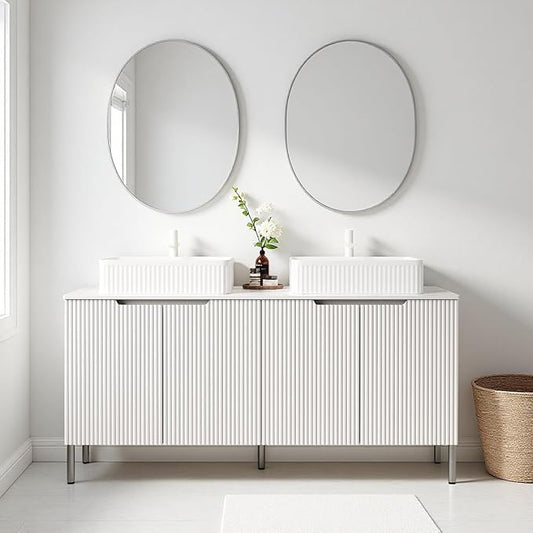Ambrovina 60" Bathroom Vanity with Double Sink, Freestanding Bathroom Storage Cabinet with 4 Soft-Closing Doors, Rectangular Ceramic Basin and Carrara White Sintered Stone Countertop, White