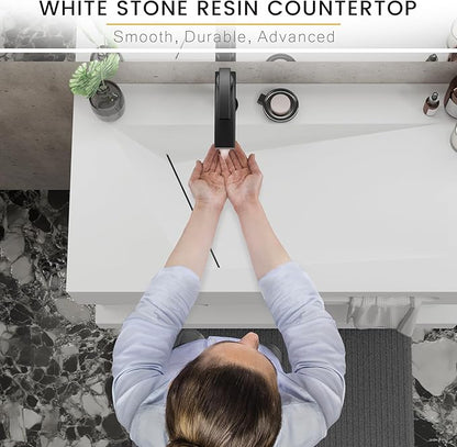 QJ&XY Resin Bathroom Sink 32" Wall Mounted V-Shaped White Basin with Towel Rack, Floating Vanity Sink in Soft-Touch Finish (Double Tier)
