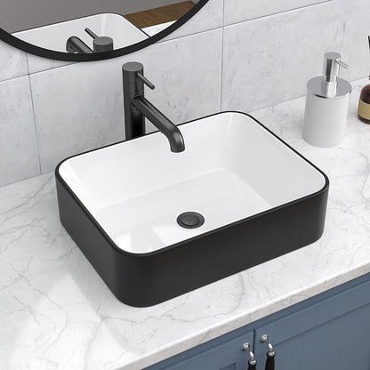 Bathroom Vessel Sink 19" x 15" Rectangle Bathroom Sinks Above Counter | Black and White Porcelain Ceramic Vessel Sinks Vanity Sink Rectangular Modern Above Counter Bathroom Vessel Sink