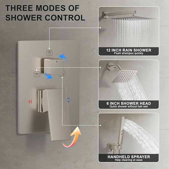 Rain Shower System 12" & 6" Dual Shower Heads, Wall Mount Shower Faucet Set | Ideal for bathroom remodels and upgrades with 12" rain shower, 6" angled shower, handheld spray and complete valve kit.