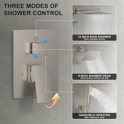 Rain Shower System 12" & 6" Dual Shower Heads, Wall Mount Shower Faucet Set | Ideal for bathroom remodels and upgrades with 12" rain shower, 6" angled shower, handheld spray and complete valve kit.