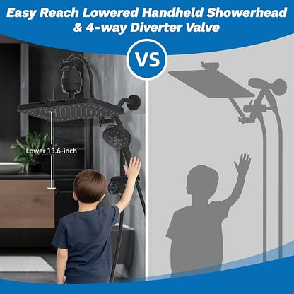 Hibbent 5-spray Dual Filtered Rainfall Shower Head with 10 Spray Handheld | High Pressure 13'' Showerhead Combo, Easy Reach 4-way Diverter Arm with Pause Mode, 71'' Hose & Holder, Matte Black