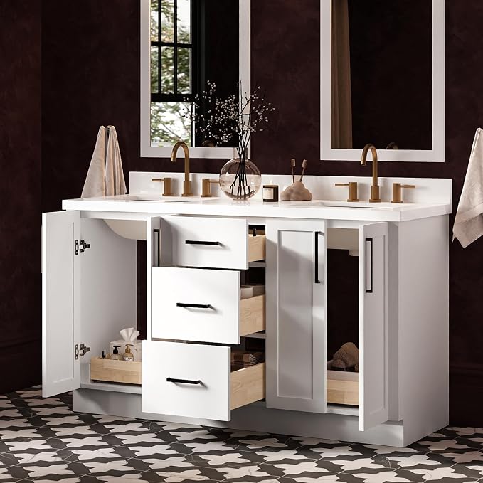 ARIEL Loren 60-inch Bathroom Vanity with Sink,Solid Wood, 1.5-inch Pure White Quartz Countertop, Double Rectangular Porcelain Sink, 4 Soft Closing Doors, 3 Dovetail Drawers, White