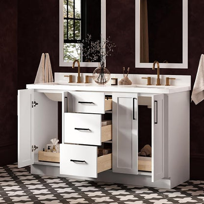 ARIEL Loren 60-inch Bathroom Vanity with Sink,Solid Wood, 1.5-inch Pure White Quartz Countertop, Double Rectangular Porcelain Sink, 4 Soft Closing Doors, 3 Dovetail Drawers, White