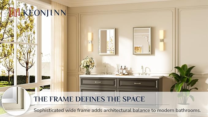 Keonjinn 16" x 24" Brushed Nickel Framed Mirror, Aluminum Alloy, Decorative | Tempered Glass with Beveled Edge, Secure French Cleat, Shatterproof, Silver Modern Framed Mirror for Hallway, Entryway Decor