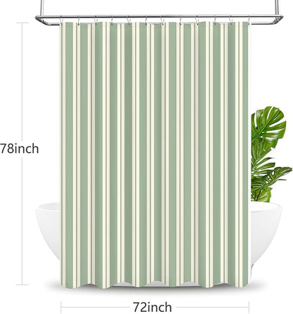 Tititex Cute Candy Cane Striped 140gsm Faux Linen Fabric Shower Curtain, Elegant Classic Sage Green Beige Shower Curtain Sets Decoration 72x78 Inch with Hooks