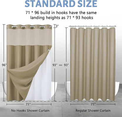 Furlinic Extra Long Waffle Weave No Hook Shower Curtain with Snap in Liner,Heavy Duty Textured Fabric Bathroom Curtains,Hotel Style with Mesh Top Window,Waterproof & Machine Washable,Beige,71x96