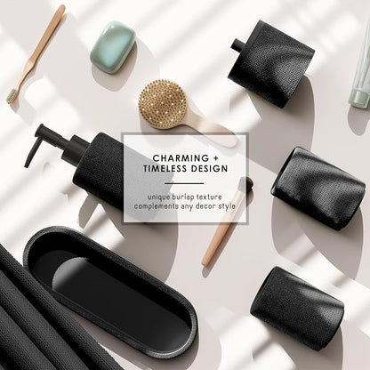 Clara Clark Bathroom Set - Black Bathroom Accessories Set, 5PC Bathroom Accessory Set, Bathroom Sets with Soap Dispenser, Toothbrush Holder, Tumbler, Cotton Swab Jar & Vanity Tray