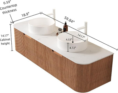 60'' Bathroom Vanities Cabinet with Sink, Wall Mounted Floating Cabinet W/Curved Edges Stripes, Oak Plywood, Soft-Close System with a Drawer & 2 White Round Ceramic Basin - Kiel, Natural Wood