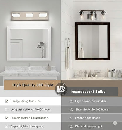 Brushed Nickel Vanity Lights for Bathroom - 3 Light Vanity Light Fixture - Dimmable LED Wall Sconces - Daylight 5500K - Elegant Bath Light Fixtures for Over Mirror