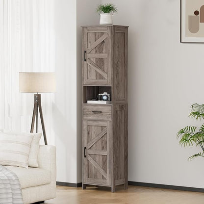 Homhedy 67" H Tall Bathroom Storage Cabinet with Barn Doors and Drawer | Narrow Storage Unit with Adjustable Shelves, Floor Cabinet for Bathroom, Living Room, Entryway or Kitchen, Greige, 15.7" W