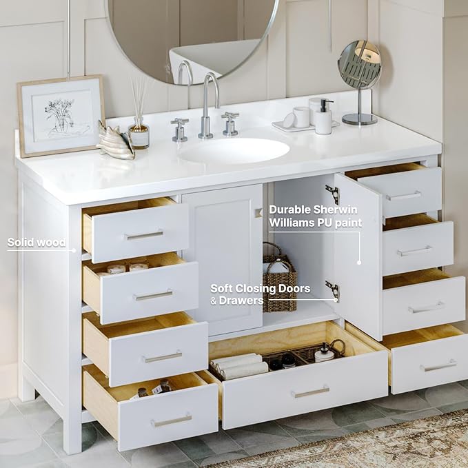 ARIEL Cambridge 60-inch Bathroom Vanity Base Cabinet,Solid Wood, 2 Soft Closing Doors, 9 Dovetail Drawers, White