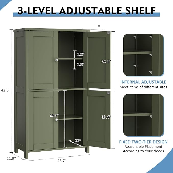 Shintenchi Bathroom Storage Cabinet with Doors and Shelves, Floor Cabinets for Washroom Furniture, Laundry Room, Organization with Adjustable Shelf, Green