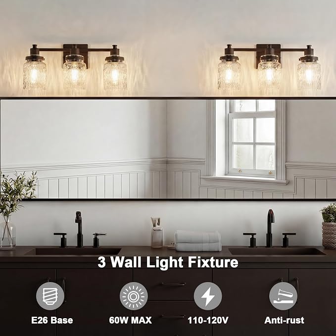 3 Light Bathroom Vanity Light Fixtures Farmhouse Oil Rubbed Bronze | ETL Certificate, Easy to Install,Wall Mount Up or Down,Hammered Glass Lampshade,E26 Socket,Hardwired,120V