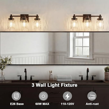 3 Light Bathroom Vanity Light Fixtures Farmhouse Oil Rubbed Bronze | ETL Certificate, Easy to Install,Wall Mount Up or Down,Hammered Glass Lampshade,E26 Socket,Hardwired,120V