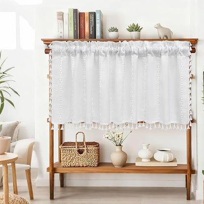 Seenus White Boho Farmhouse Valance Curtain with Tassels, 52 x 18 inch Linen Textured Window Curtain for Living Room, Striped Light Filtering Valance for Kitchen Bedroom Bathroom Rod Pocket
