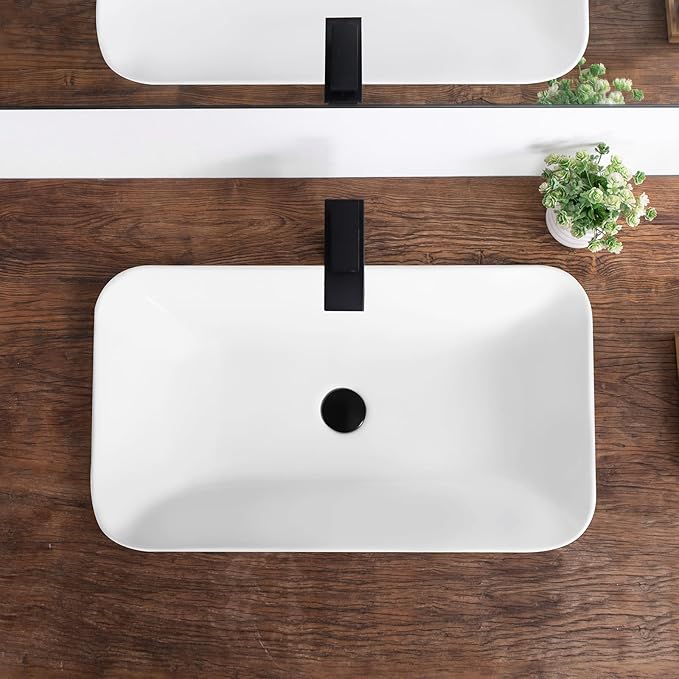Bathroom Vessel Sink 27.3" X 15.5" Semi Recessed Bathroom Sink Rectangular Drop In Bathroom Sinks with Overflow White Ceramic Vessel Sinks for Bathroom Modern Above Counter Basin Vanity Sink