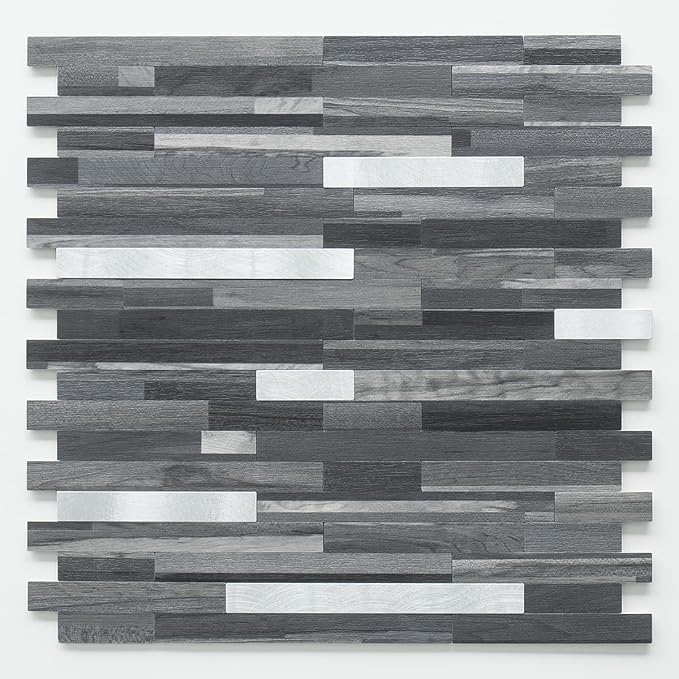 DICOFUN Peel and Stick Backsplash Tiles, Black & Grey Wood Look PVC Mixed Metal Stick on Backsplash Tiles, 1 Sheet