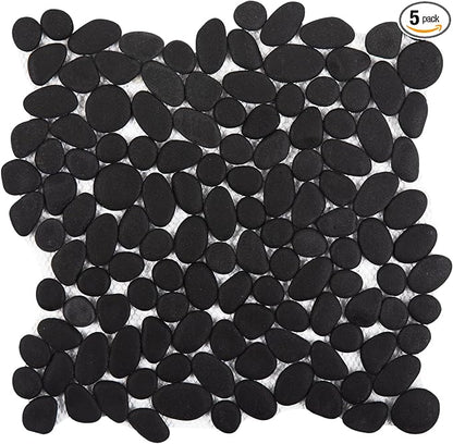 Pebble Tile, Black Pebble Tiles for Shower Floor Kitchen Backsplash Bathroom Wall and Floor Tile, 5 Sheets