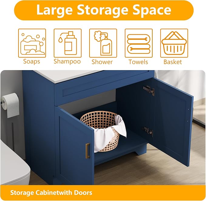 36 Inch Bathroom Vanity, Wooden Double Door Bathroom Storage Cabinet, Freestanding Modern Sink Cabinet Vanity Without Sink (Blue No Sink, 36")
