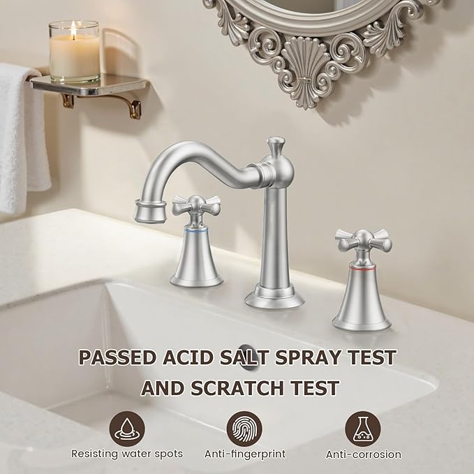 Hurran 8 Inch Widespread Bathroom Sink Faucet Brushed Nickel, 3 Hole 2 Cross Handles Classic Vintage Antique Faucet with Metal Pop Up Drain and Supply Hoses for Vanity, RV, Farmhouse