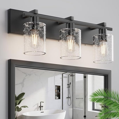 3-Light 21inch Black Vanity Light, Thickened Seeded Glass Shade | Over Mirror for Bathroom, Rust Resistant, E26 Base, Easy Install, Removable Glass Shade Horizontal Mount, Dimmable