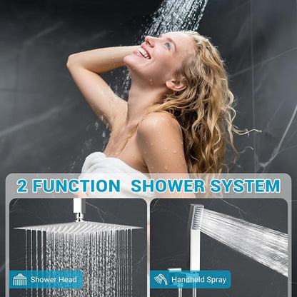 10" Square Ceiling Rain Shower Faucet Set, Chrome | Anti-scald cartridge, air tech boosts pressure 30%, dual spray, NPT 1/2