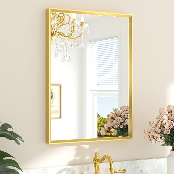 Brushed Brass Bathroom Mirror 22" x 30" Brushed Gold Rectangle Beveled Framed Bathroom Vanity Mirror for Over Sink, Tempered Glass, Modern Farmhouse Bedroom, Entryway, Living Room