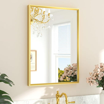 Brushed Brass Bathroom Mirror 22" x 30" Brushed Gold Rectangle Beveled Framed Bathroom Vanity Mirror for Over Sink, Tempered Glass, Modern Farmhouse Bedroom, Entryway, Living Room