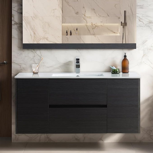 Blossom 48 Inch Bathroom Vanity with Sink, Wall Mounted All-Wood Floating Bathroom Vanity Cabinet with Ceramic Sink, Vanities for Bathroom, 2 Doors and Soft-Closing U-Shaped Drawers, Silver Grey