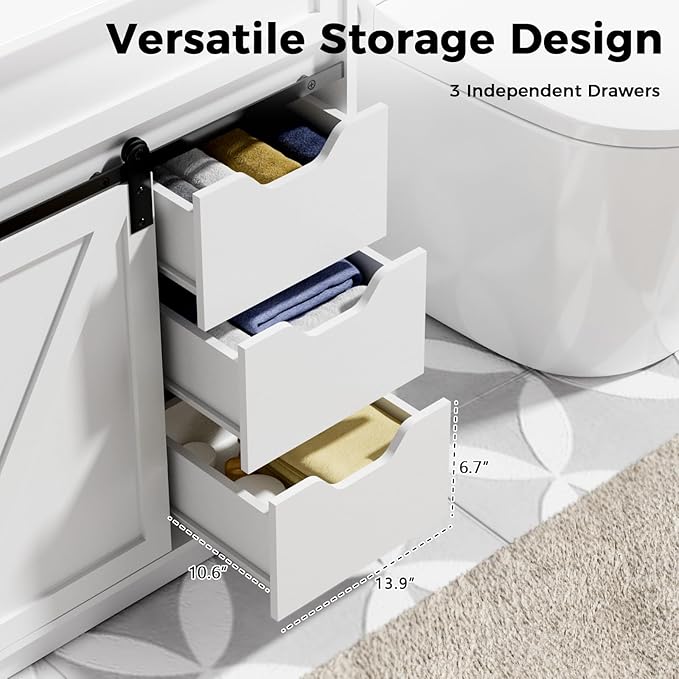 48 Inch Bathroom Vanity with Double Sink Combo, Farmhouse Bathroom Cabinet Set with Sliding Barn Door & 3 Drawers, Freestanding Bath Vanities, White