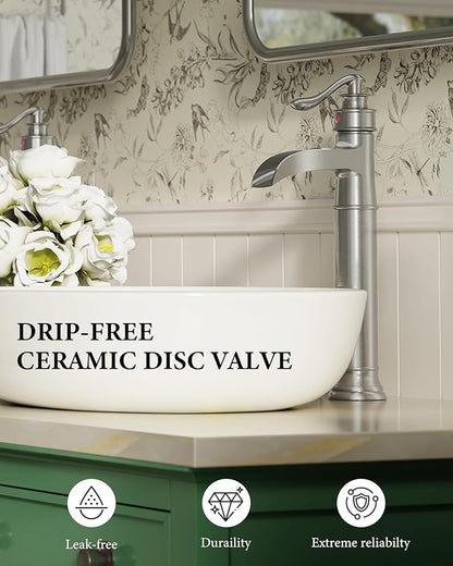 Homevacious Vessel Sink Faucet Tall Bathroom Faucets Waterfall Brushed Nickel Brass Single Handle 1 Hole with Pop Up Drain and Supply Line Farmhouse Lavatory Vanity