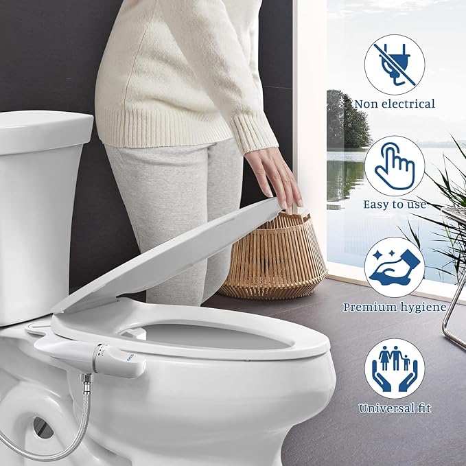 Ultra-Slim Bidet Attachment for Toilet Dual Nozzles Feminine & Rear Wash Bidet Toilet Seat Attachment Non Electric Self Cleaning Fresh Cold Water Toilet Bidets Spray Jet Easy Install (Silver)