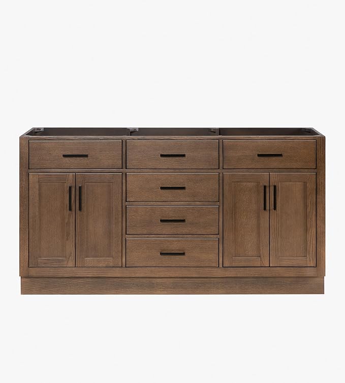 ARIEL Hepburn 66-inch Bathroom Vanity Base Cabinet,Solid Wood, 4 Soft Closing Doors, 6 Dovetail Drawers, Brown Oak