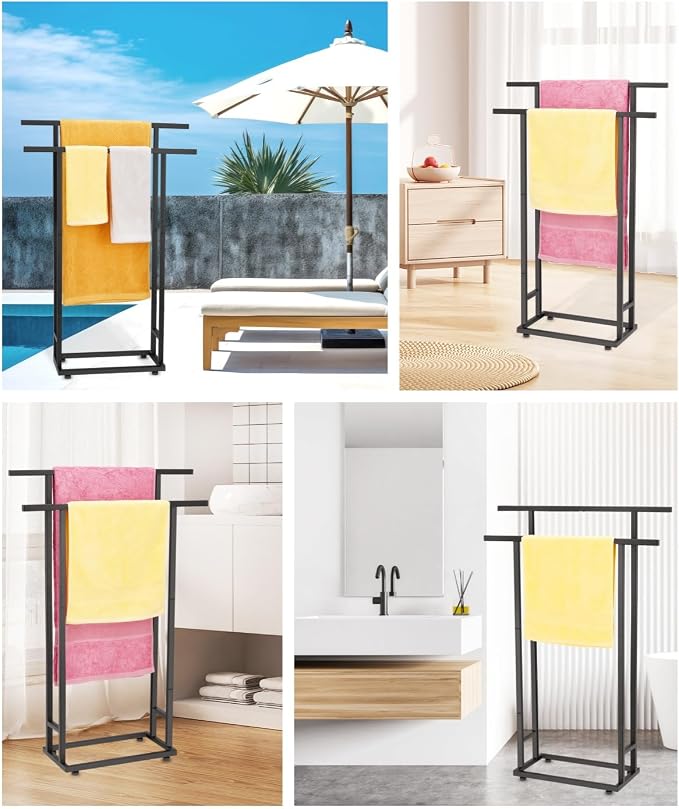 2 Tier Tall Free Standing Towel Racks for Bathroom | Metal Drying Rack for Oversized Bath Towels & Blankets, Indoor & Outdoor Use, Fits Bathroom, Pool, Black