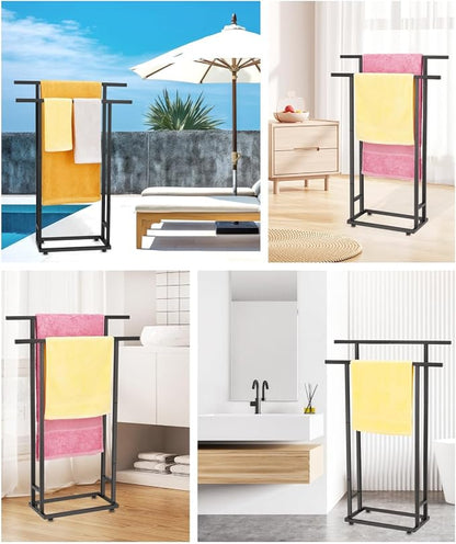 2 Tier Tall Free Standing Towel Racks for Bathroom | Metal Drying Rack for Oversized Bath Towels & Blankets, Indoor & Outdoor Use, Fits Bathroom, Pool, Black