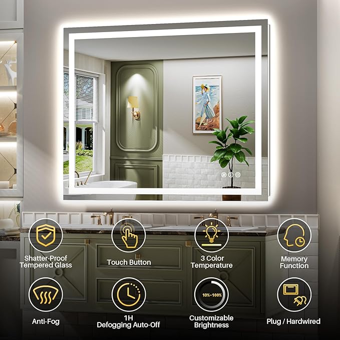 48x38 Inch LED Bathroom Mirror with Lights, Backlit & Front Lit, Anti-Fog Lighted Bathroom Vanity Mirror for Wall, Memory Function, Dimmable, HD Tempered Glass, Shatter-Proof